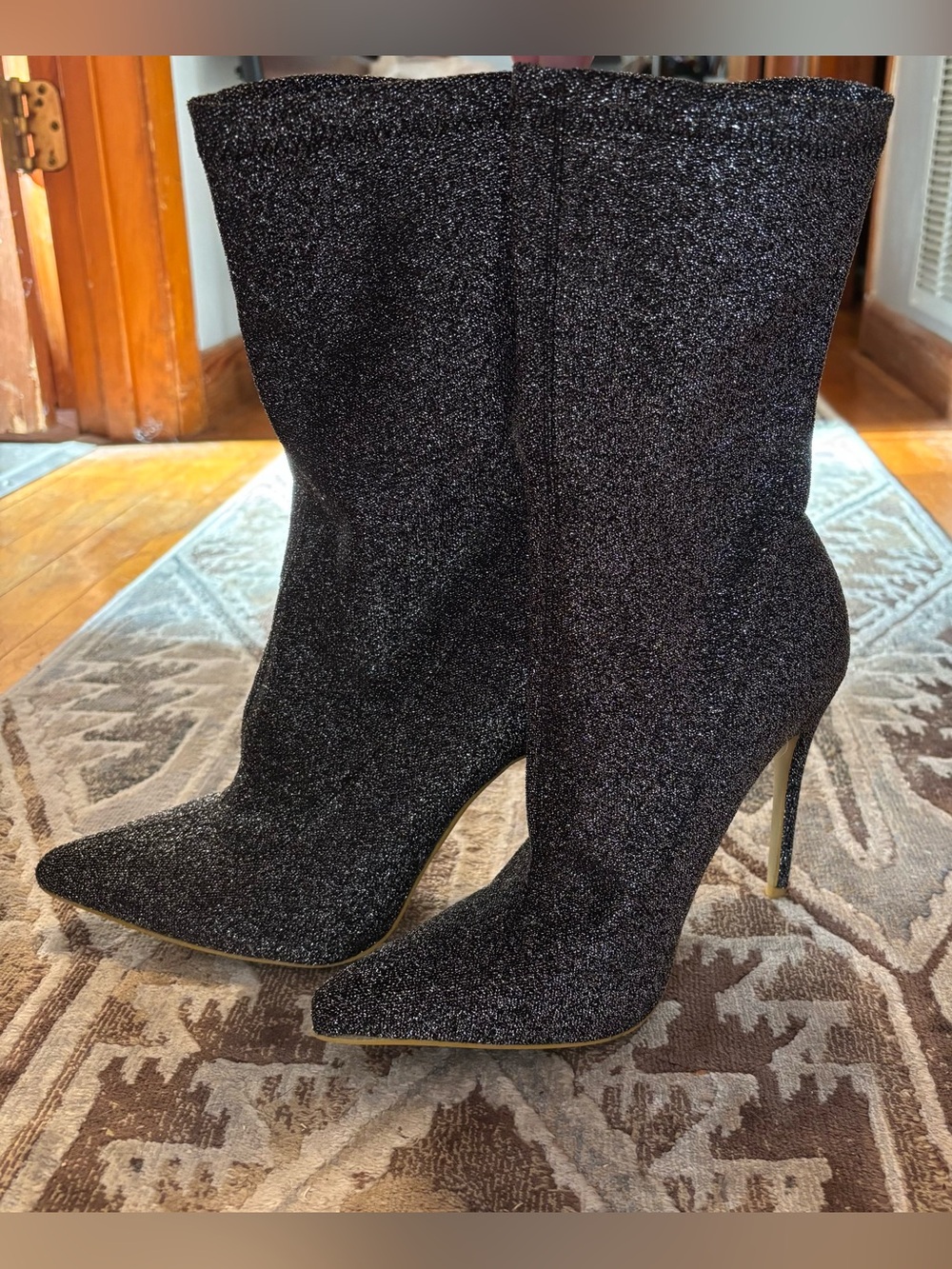 Women’s Black Glitter Mid Calf Stretchy Sock Boot Stiletto Heel Size 8.5